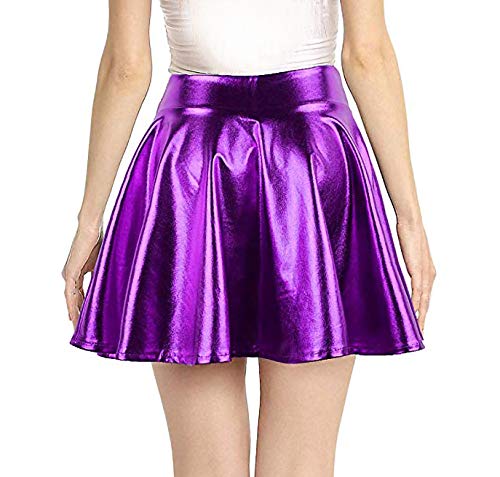 Womens Cute Shiny Flared Pleated Casual Fashion Skater Long Bed Skirt Purple L