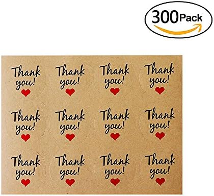 Ofilon Thank You Sticker Label for Gift Boxes, Packing Bags, Cards and Christmas / Thanksgiving Day Presents - 300 Pcs Kraft Thank You Adhesive Labels (Red Heart)