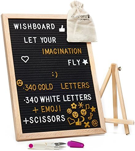 WishBoard Wooden Felt Letter Board, Extra-Large 12x16 Inches, 340 Bronze and 340 White Letters&amp;Emoji, Wood Stand, Wall Mount, 3 Free Canvas Bags for Letters + Scissor