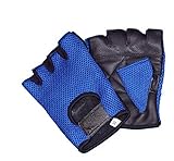 LEATHER MESH FINGERLESS WEIGHT LIFTING EXERCISE GYM WHEELCHAIR GLOVES BLACK/BLUE WLG-021 (Medium)