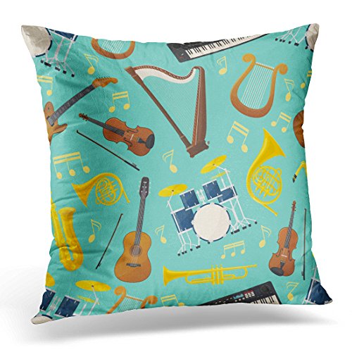 Sdamas Pillow case Made of Different Music Instruments for Sound Audio Trumpet and Drum Kit Trap Violin and Lyre Saxophone Throw Pillow Case Home Decor Square Pillowcase Decorative 18x18 Inches