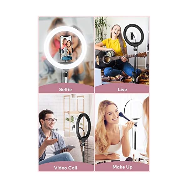 Deefsoul Ringlicht mit Stativ, 10.2" Selfie Ringleuchte Doppel-Handyhalter mit 3 Farbe und 10 Helliakeitsstufen, mit Aufbewahrungstasche, für Makeup, Live-Streaminq, Selfie, Vlog, TikTok – Bild 6