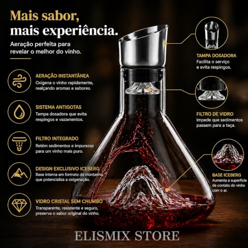 Decanter de Vinho 1,6L Cristal Sem Chumbo com Tampa Dosadora e Filtro Aerador Iceberg Decantador para Vinho Tinto Garrafa Elegante para Bar Casa e Presente