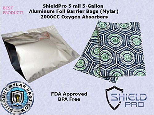 (10) 5-Gallon 5 Mil ShieldPro Genuine Mylar Aluminum Foil Bags with (10) 2000cc Oxyfree Oxygen Absorbers for Long Term Food Storage