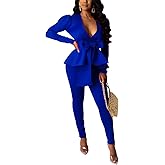 Remelon 2 Piece Outfits for Women Blazer with Pants Deep V Long Sleeve Slim Fit Ruffle Pelplum Business Suit