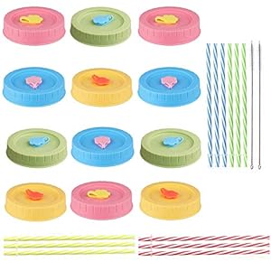 12 Stuks Mond Mason Jar Deksels Met Rietje, 12 Stuks Plastic Rietjes En Siliconen Stoppen, Siliconen Ringen…