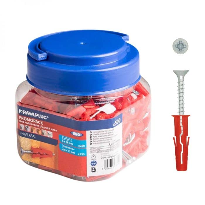 Rawlplug Uno Red 6 x 28MM Universal Wall Plugs + 4 x 35mm Screws - Jar of 250 Plugs + 250 Screws
