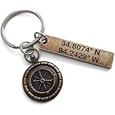 Custom Bronze Antique Compass Keychain with Engraved Coordinates Tag for Couples or Best Friends, Anniversary Gift Keychain
