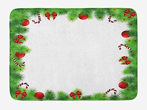 Trsdshorts Christmas Bath Mat, Green Pine Needles with Red Bows and Baubles Festoon Design Natural Image, Plush Bathroom Decor Mat with Non Slip Backing, 23.6 x 15.7 Inches, Green Red White