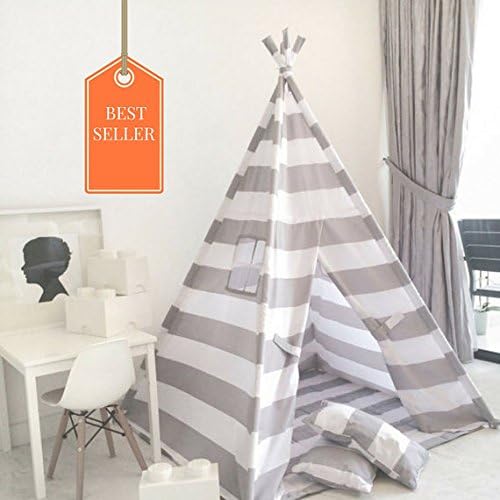 Handmade Teepee Play tent for Kids in Grey &amp; White Stripes. Comes with Padded Mat Base and Two Pillows