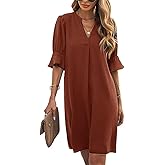 Les umes Womens V Neck Shift Dress Ruffle Short Sleeve Casual Summer Dresses Loose Flowy Tunic Dress