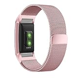 Fitbit Charge 2 Band, UMTELE Milanese Loop Stainless Steel Metal Bracelet Strap with Unique Magnet Lock, No Buckle Needed for Fitbit Charge 2 HR Fitness Tracker Pink Gold Small