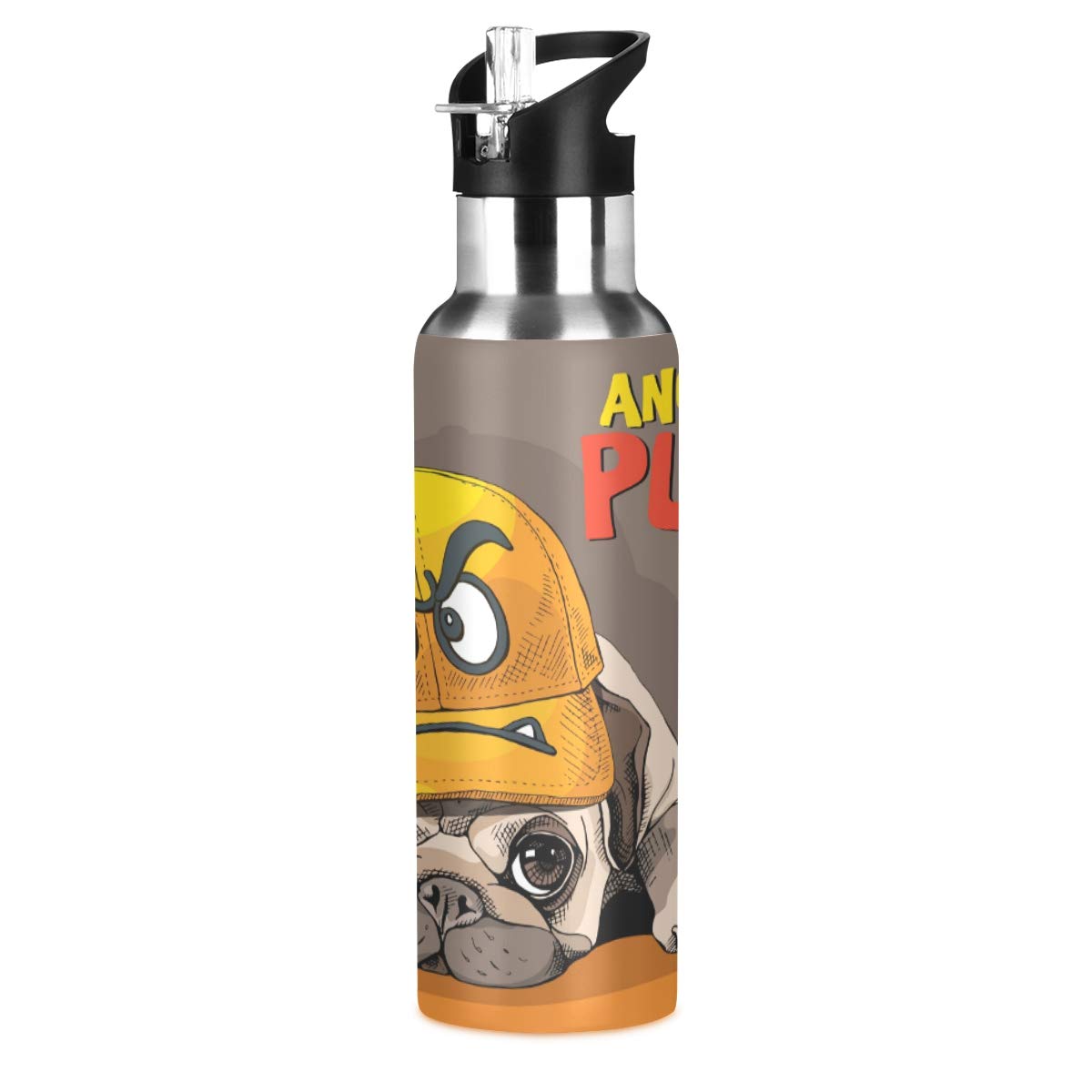 ALAZA Stainless Steel Water Bottle with Straw, Funny Cartoon Pug Emoji Insulated Drink Flask Sports Water Bottle for Kids Adults, Leakproof, 600ml