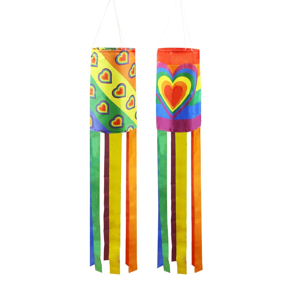 Rainbow Windsock Flag for Pride Holiday Decoration,2 Pcs Colorful Love Heart Outdoor Spring Windsock Hanging Decoration Holiday Wind Socks for Garden Patio Lawn Front Yard Tree Party Decor,100cm