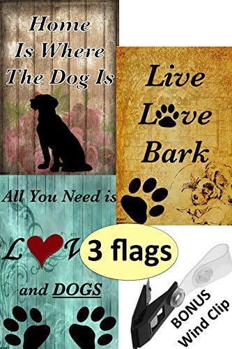Decorative Double Sided Dog Garden Flag 12 x 18 Bundle Gift Set for Dog Owners Lovers Memorial (Live Love Bark, Home is Where The Dog Is, and All You Need is Love) with Complimentary Anti-Wind Clip