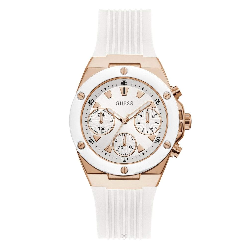 GUESS Ladies Sport Clear Multifunction 39mm Watch – Transparent Dial Rose Gold-Tone Stainless Steel Case with Pink Transparent Polycarbonate Strap, White/Rose Gold Tone/White, Athena