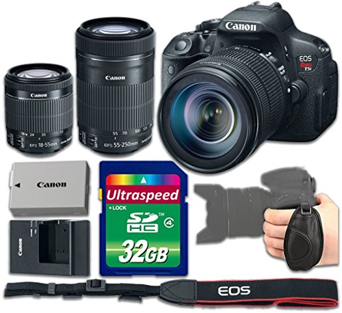 Canon EOS Rebel T5i Camera Bundle with Canon EF-S 18-55mm f/3.5-5.6 IS STM Lens + Canon EF-S 55-250mm f/4-5.6 IS STM Lens + 32gb Memory SD Card + Grip Strap - International Version (No Warranty)