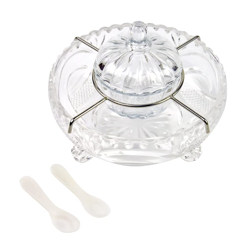 DUEBEL Glass Caviar Dish, 1 Pumpkin-Shape Glass Divided Serving Set Plus 2 pcs. x Mother of Pearl Spoon – Caviar Chiller, Shrimp Serving Dish for Kitchen, Bar, Restaurant, Catering Events