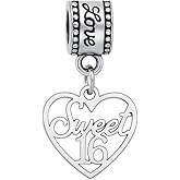 Sweet 16 Dangle Charm – Silver Heart Cutout with Optional Crown or “16” Accent – Fits Pandora & European Bracelets