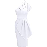 Memoriesea Women's Elegant One Shoulder Pleated Detail Bodycon Party Club Midi Dress