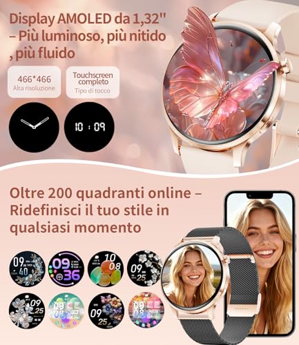 FV23-G Women's Smartwatch, AMOLED Display 1.32 Inches Ultra-Thin Bluetooth Calls, IP68 Waterproof, 116 Sport Modes, Monitoring of Cycle/Heart Rate and Sleep, 2 Straps and 2 Cables Included