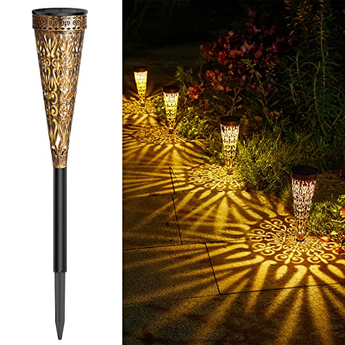 GEARLTIE Solar Lights for Outdoor Garden Pack of 4, 800 mAh Solar Lights for Outdoor Use with Warm/White LED, IP65 Weatherproof Balcony Decoration Garden Metal Lanterns Solar Outdoor Path Patio