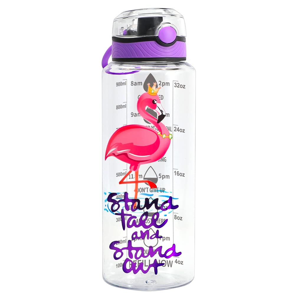 Home Tune Water Drinking Bottle (950ml) - Tritan BPA Free, Wide Mouth, Push-Button Flip Lid, Easy Open, Lightweight, Leak-Proof Water Bottle with Foil Print Design For Girls & Boys - Flamingo