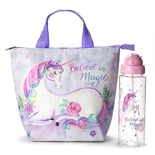 Tri-Coastal Design Insulated Lunch Tote Bag Set Dreamers Unicorn Tote Lunch Box and Water Bottle - Large Reusable Lunch Bag and Non BPA Flip Top Plastic Water Bottle - 2 Piece Gift Sets for Girls