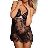 ZARU Las mujeres de la ropa interior de la ropa interior del pecho abierto★1PC vestido + 1PC T-back★ (Negro)