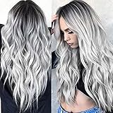 Women Long Curly Wig Gradient Gray Black Roots Ship from US Mixed Colors Wavy Synthetic Wig Heat Resistant Full Wig for Costume Party Masquerade Cosplay (Gray)