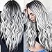 Women Long Curly Wig Gradient Gray Black Roots Ship from US Mixed Colors Wavy Synthetic Wig Heat Resistant Full Wig for Costume Party Masquerade Cosplay (Gray)
