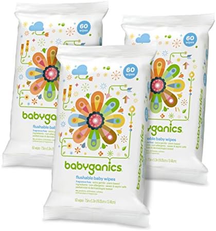 Babyganics Flushable Baby Wipes, Fragrance Free, 60 Count - Packaging May Vary (Pack of 3, 180 Total Wipes)