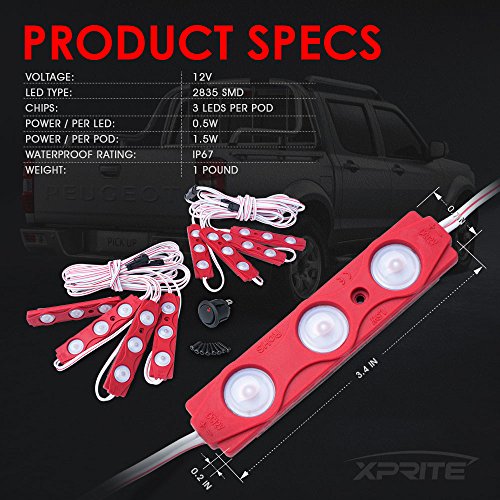 Xprite Red LED Truck Bed Light Kits Rock Lights with On/Off Switch, for