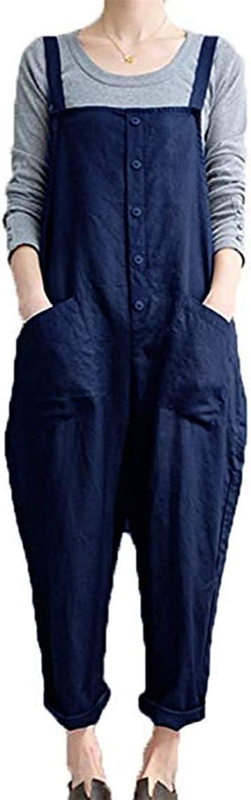 Women's Casual Jumpsuits Overalls Baggy Bib Pants Plus Size Wide Leg Rompers (D-Blue, M)