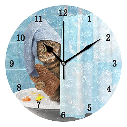 ZZKKO Cat Taking a Bath Wall Clock, Silent Non Ticking