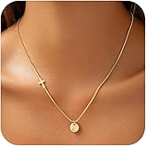 Valentines Day Gifts for Kids Teen Girls - Dainty 14K Gold Plated Sideways Cross Disc Initial A-Z Pendant Necklace Trendy Baptism Religious Faith Jewelry Birthday Valentines Gifts for Women Girls
