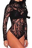 FIYOTE Women Sheer Mesh Print Jumpsuit Long Sleeves Bodysuit