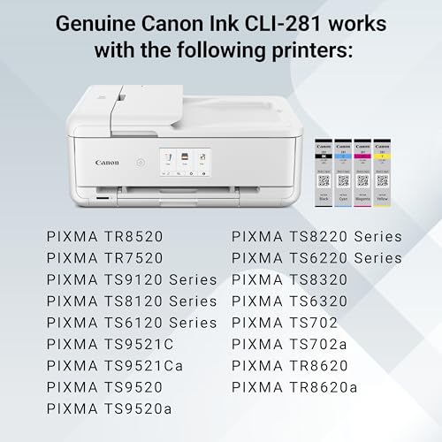 Canon CLI-281 Black, Cyan, Magenta and Yellow 4 Ink Pack, Compatible to TR8520, TR8620 Series, TS9120, and TS6210 Printers