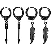 Feather Earrings For Men Women Black Stainless Steel Stylish Kpop Punk Rock Hip Hop Edgy Gothic Cool Mens Arrow Dangle Huggie Hoop Earrings Jewelry Set For