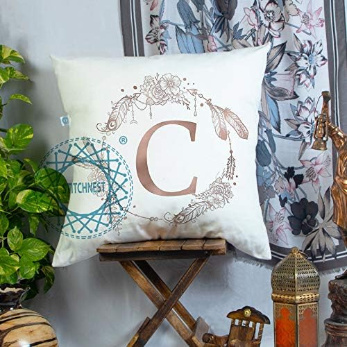 STITCHNEST Satin Alphabet Initial Vintage Monogram Personalised Letter 'C' Printed Cushion Cover (White and Rose Gold, 16x16-inch)
