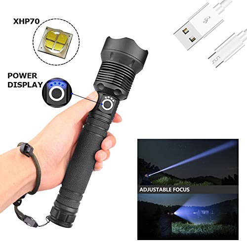 Telescopic USB Zoom Waterproof Camping Flashlight,5 Modes 90000 Lumens Xhp70 Xhp50 Rechargeable Water Resistant Handheld LED Light Best Camping, Outdoor, Emergency, Everyday Flashlights (Xhp70)