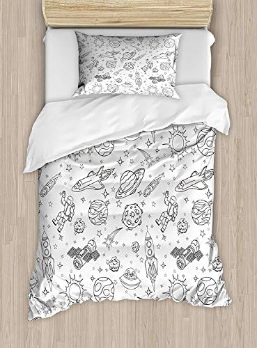 Girls Boys Child Queen Bedding Sets,Boy's Duvet Cover Set,Doodle Solar System Astronauts Space Crafts and Shooting Stars Science Fiction Theme,1 Comforter Cover 1 Bed Sheets 2 Pillow Cases,Black White