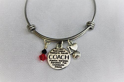 Volleyball Coach Adjustable Stainless Steel Bangle Bracelet With Silver Volleyball and Swarovski Crystal Team Colors Gift for Coach