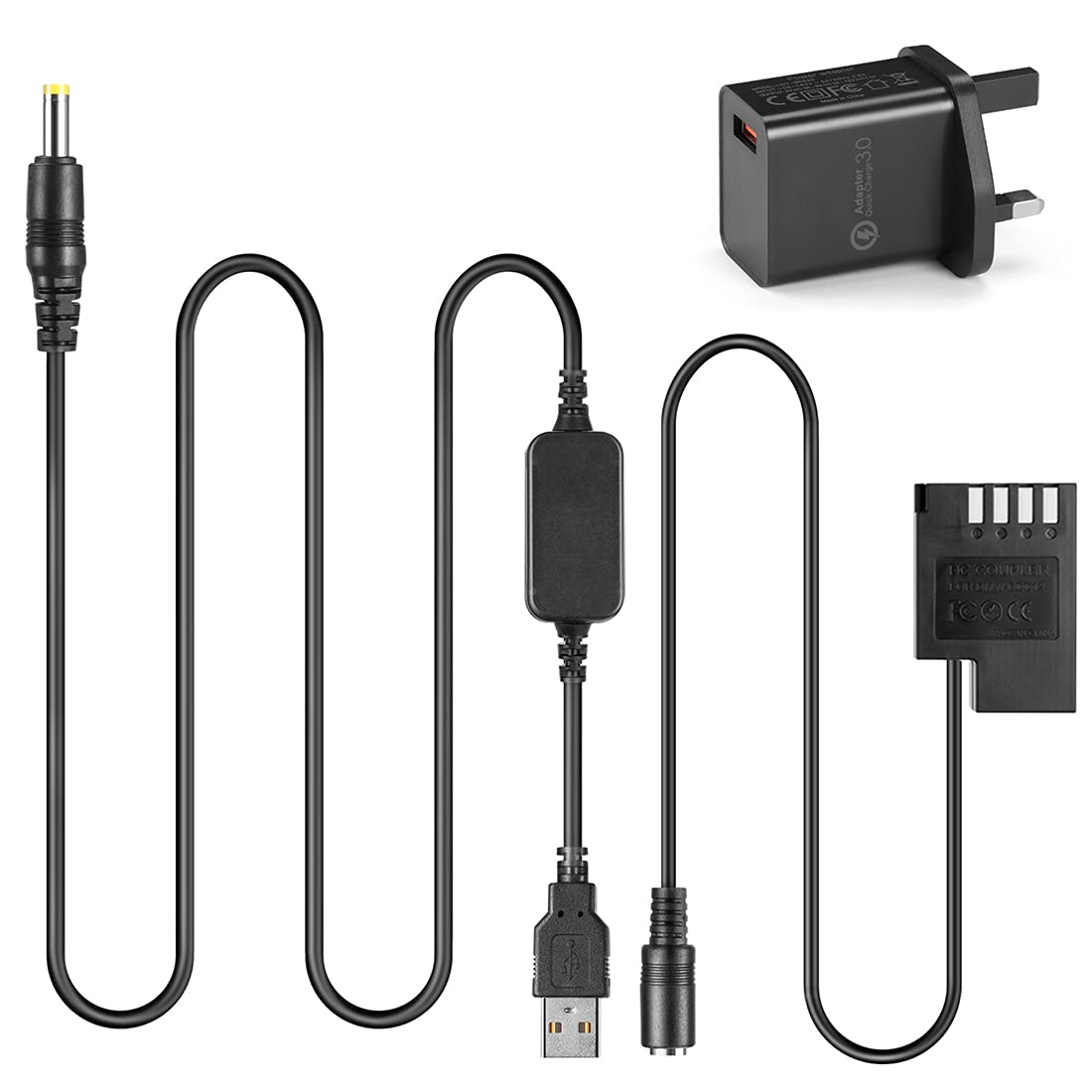DMW-BLF19 Dummy Battery DMW-DCC12 DC Coupler USB Cable + QC3.0 USB Adapter for Panasonic Lumix DMC-GH3 DMC-GH4 DMC-GH5s GH5