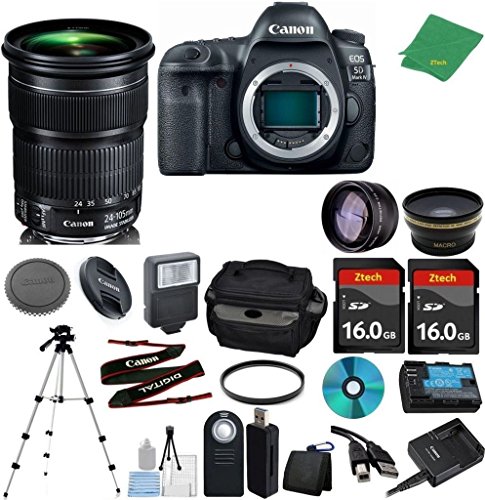 Canon EOS 5D Mark IV Camera with 24-105mm IS STM + 2pcs 16GB Memory + Case + Card Reader + Tripod + Starter Set + Wide Angle + Telephoto + Flash + Filter - International Version