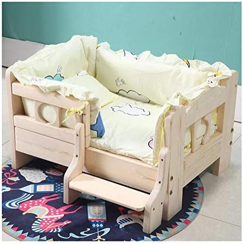Pet beds Indoor Wooden Dog/Cat House Bed, Pine Wood Pet Cot with Stair Steps for Dog Easy Climbing to Bed (Color : B, Size : 53x38x40cm)