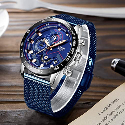 LIGE - Reloj de pulsera analógico para hombre, resistente al agua, de acero inoxidable, cuarzo, con cronógrafo y correa milanesa - Imagen 4