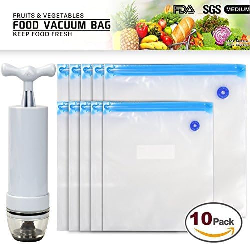 Sous Vide Bags Kit 10 BPA Free Reusable Food Vacuum Sealed Bags with 1 Hand Pump 2 Seal Clips and 4 Stainless Steel Clips for Food Storage and Cooking