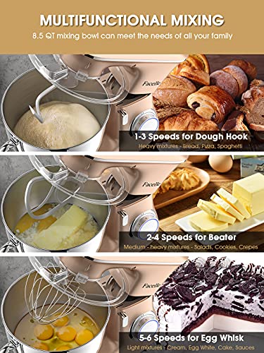 8.5 L 2000 W Bread Mixer for Pastries, Facelle Kitchen Robot, Kneader, Low Noise, Powerful and Professional, 6 Speeds with Pulse, Stainless Steel Bowl