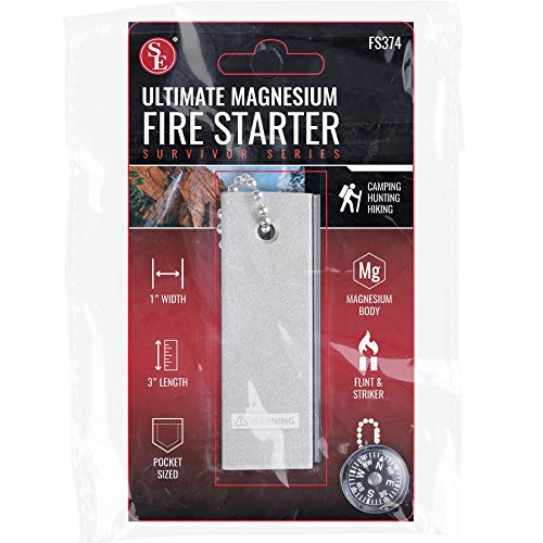 SE Waterproof Magnesium Firestarter Kit - Compact 2-in-1 Fire Starter with Flint, Serrated Striker, and Detachable Chain for Camping, Hiking, Survival, and Emergency Preparedness FS374